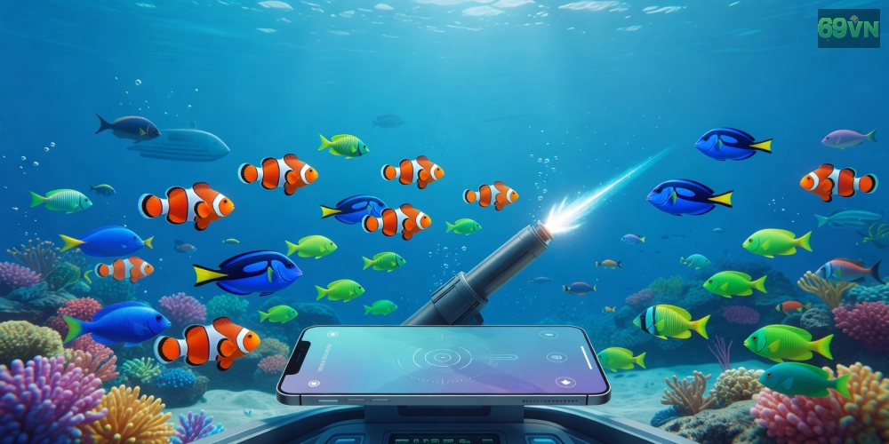 Minh họa khái niệm bắn cá miễn phí trên nền tảng 69vn với giao diện game sống động