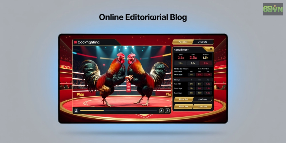 Minh họa khái niệm đá gà casino trực tiếp với giao diện nền tảng hiện đại và biểu tượng gà chọi