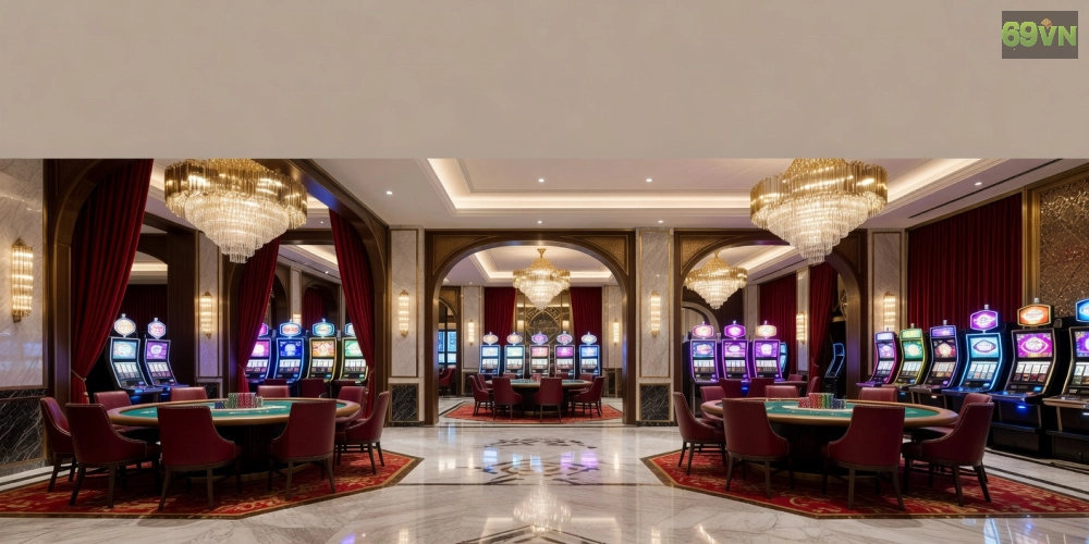 Khái niệm hotels with casinos 69vn được minh họa qua hình ảnh sòng bạc sang trọng kết hợp phòng nghỉ cao cấp tại Việt Nam